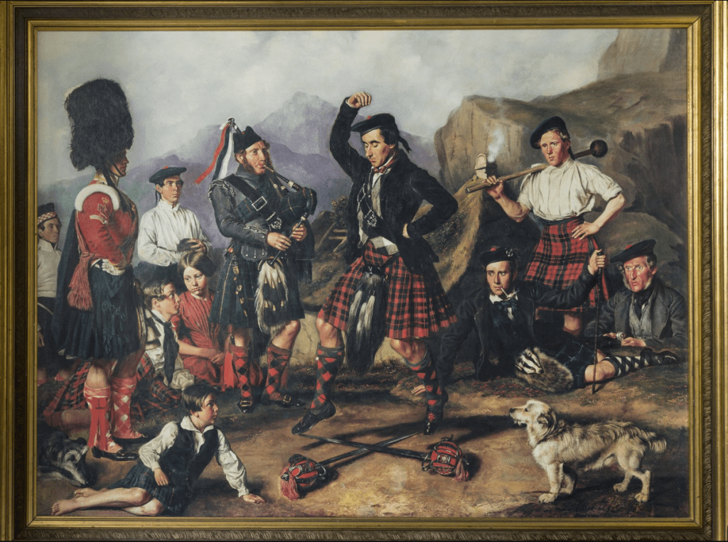 A painting of a man dancing over swords wearing a kilt surrounded by onlookers