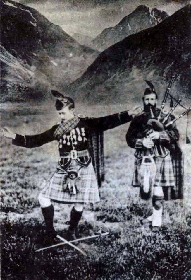 A black and white image of a soldier dancing over swords and a bag piper