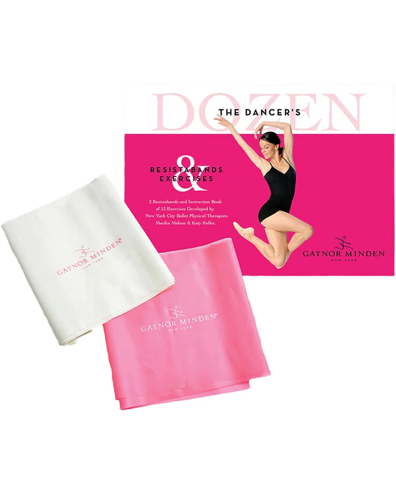 Pink and white resistance bands and a box that reads "The Dancer's Dozen; Resistance bands and exercises"