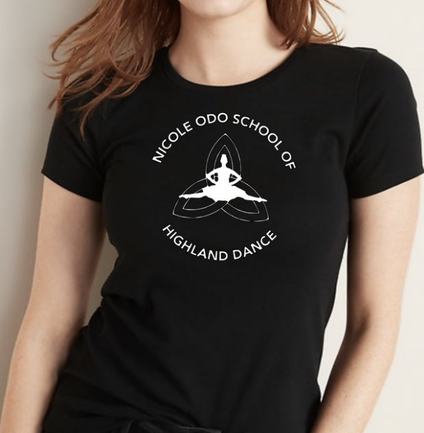 A black t-shirt with the words "Nicole Odo School of Highland Dance"