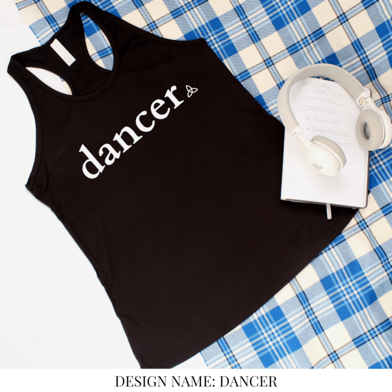 A black tank top that reads "DANCER"