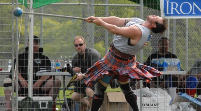 A man in a kilt throws a hammer